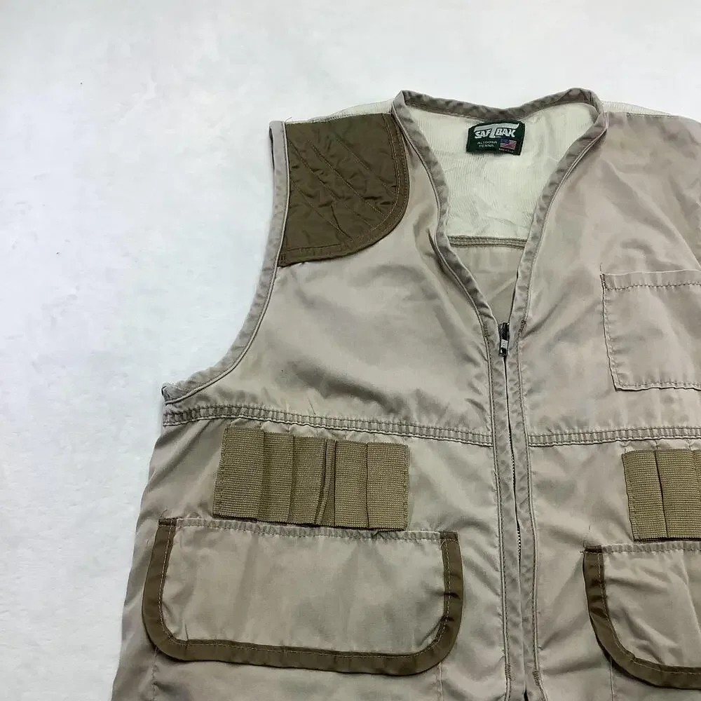 Saf-T-Bak Vest Mens Medium Beige Canvas Quilted Hunting Full Zip Pockets USA